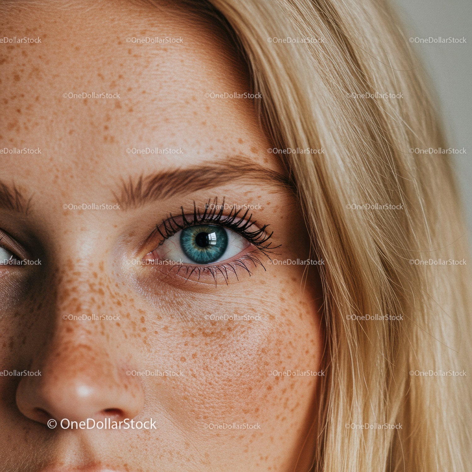 Close-up of blue eye with freckles and blonde hair