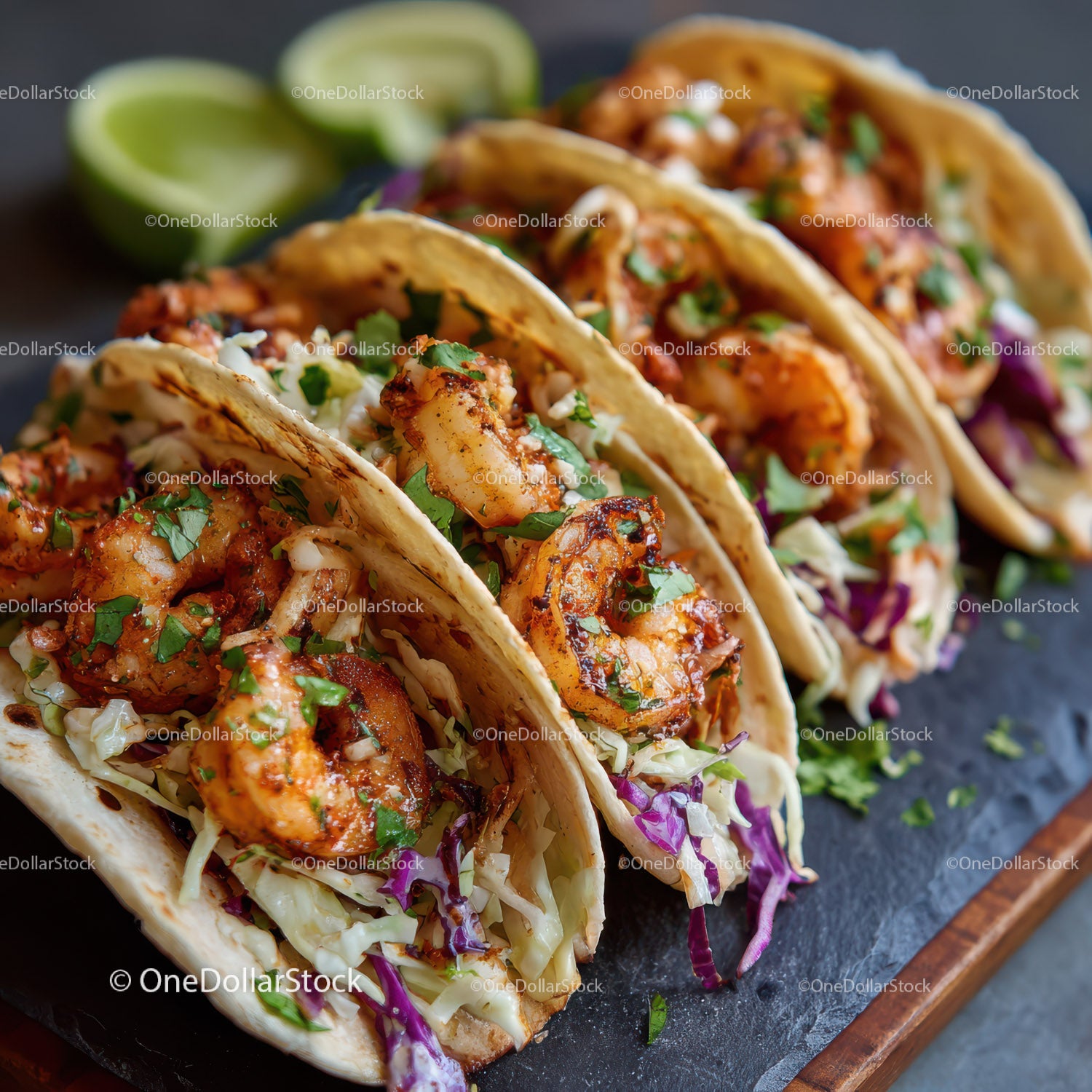 Pyszne tacos z krewetkami, świeżą kolendrą i limonką