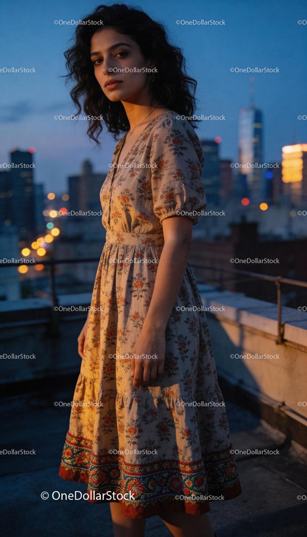 Young woman in floral dress on city rooftop at dusk
