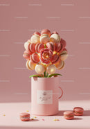 Pink and cream macarons arranged as floral bouquet in mug