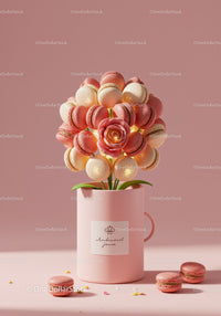 Pink and cream macarons arranged as floral bouquet in mug