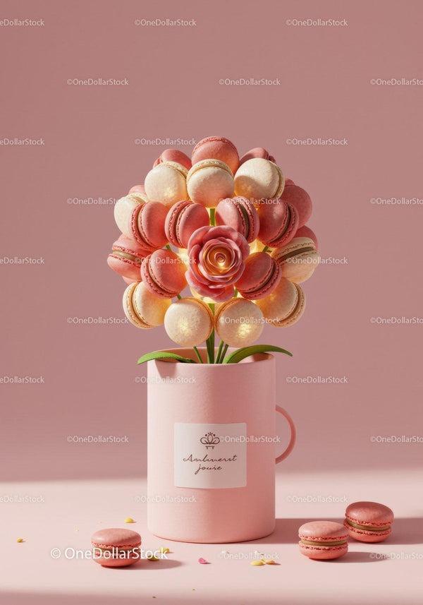 Pink and cream macarons arranged as floral bouquet in mug