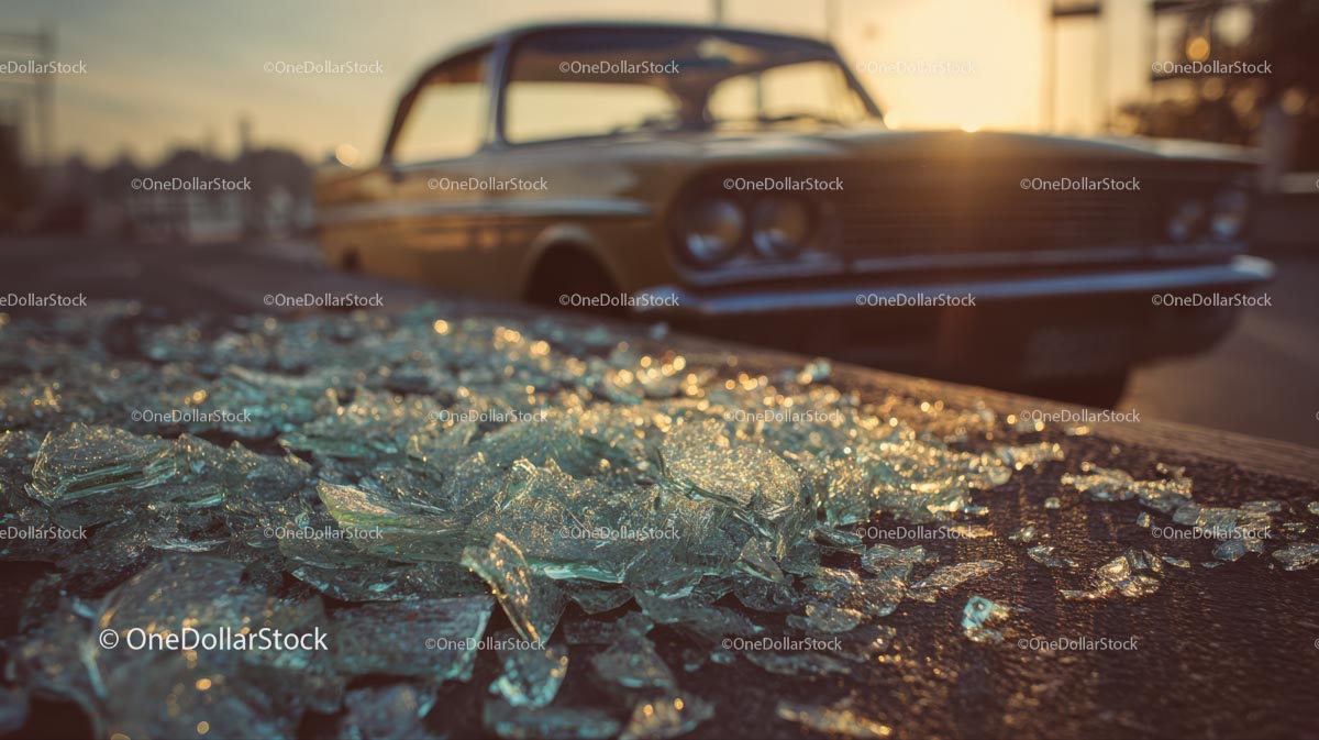 Abandoned Vintage Car with Broken Glass at Sunset