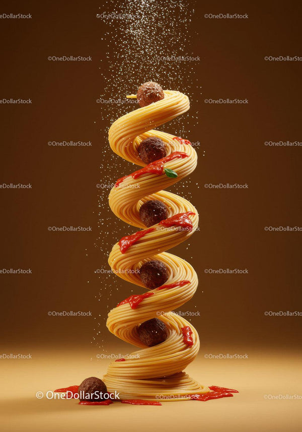 Spiral of Spaghetti and Meatballs with Sauce Splash