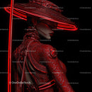 Futuristic Samurai in Neon Red Armor Holding Umbrella