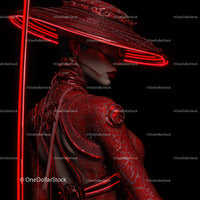 Futuristic Samurai in Neon Red Armor Holding Umbrella