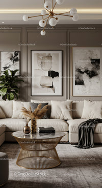 Modern living room with elegant neutral decor and gold accents
