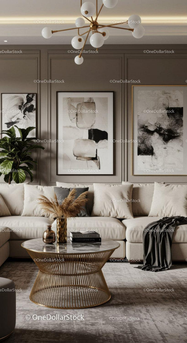 Modern living room with elegant neutral decor and gold accents