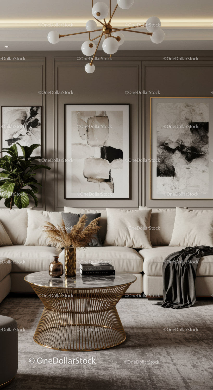 Modern living room with elegant neutral decor and gold accents