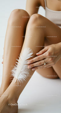 Close-up of Smooth Legs with White Feather in Minimalist Setting