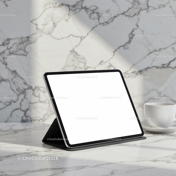 Modern tablet on marble table with coffee cup JPG Mockup Image
