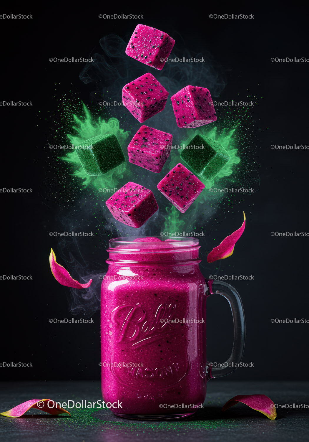 Vibrant Dragon Fruit Smoothie in Mason Jar with Cubes