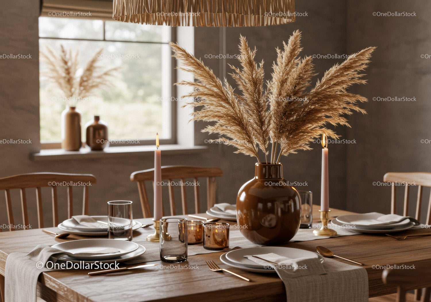 Elegant Dining Room with Pampas Grass and Candles in Modern Interior