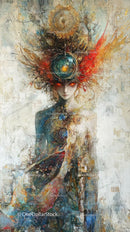 Fantasy Female Portrait with Cosmic Headpiece and Abstract Expression