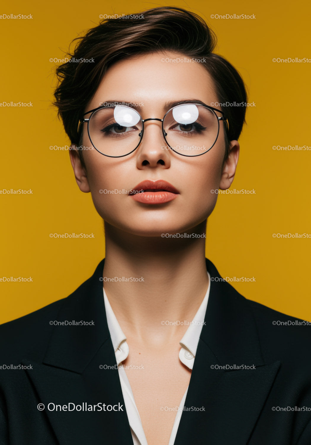 Fashionable Woman with Short Hair and Glasses on Yellow Background