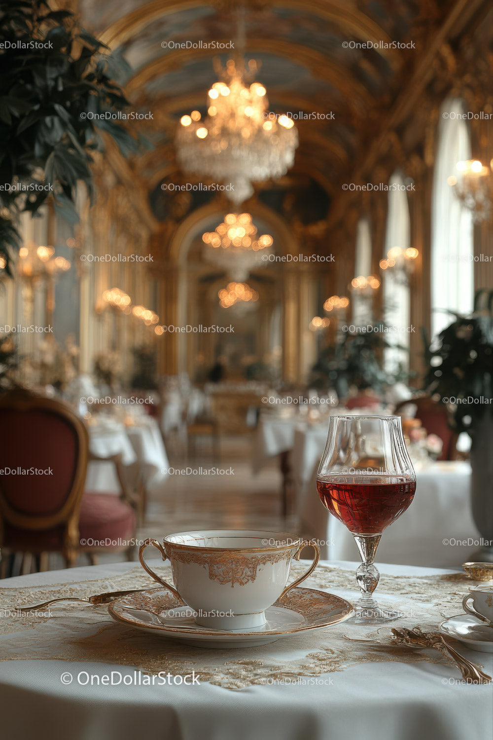 Luxurious Elegant Restaurant Interior with Crystal Chandeliers and Fine Dining Setup