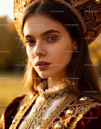 Young woman in ornate traditional costume with golden details