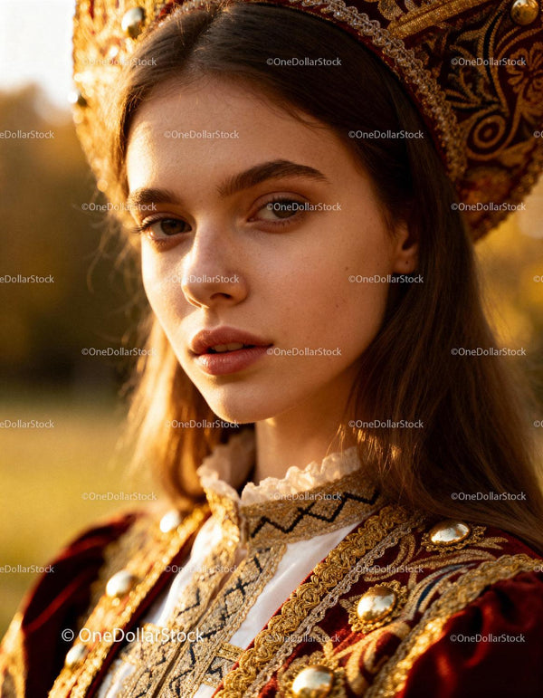 Young woman in ornate traditional costume with golden details