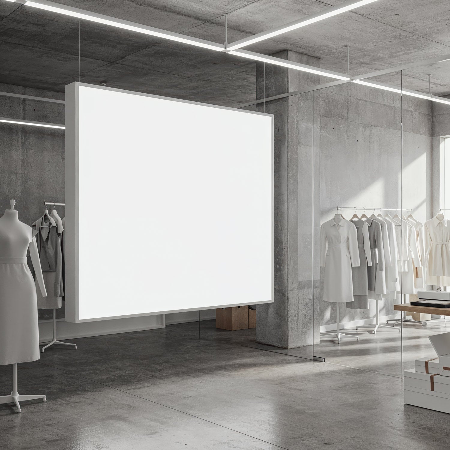 Minimalist Fashion Studio with Blank White Display Panel