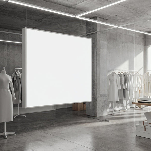 Minimalist Fashion Studio with Blank White Display Panel JPG Mockup Image