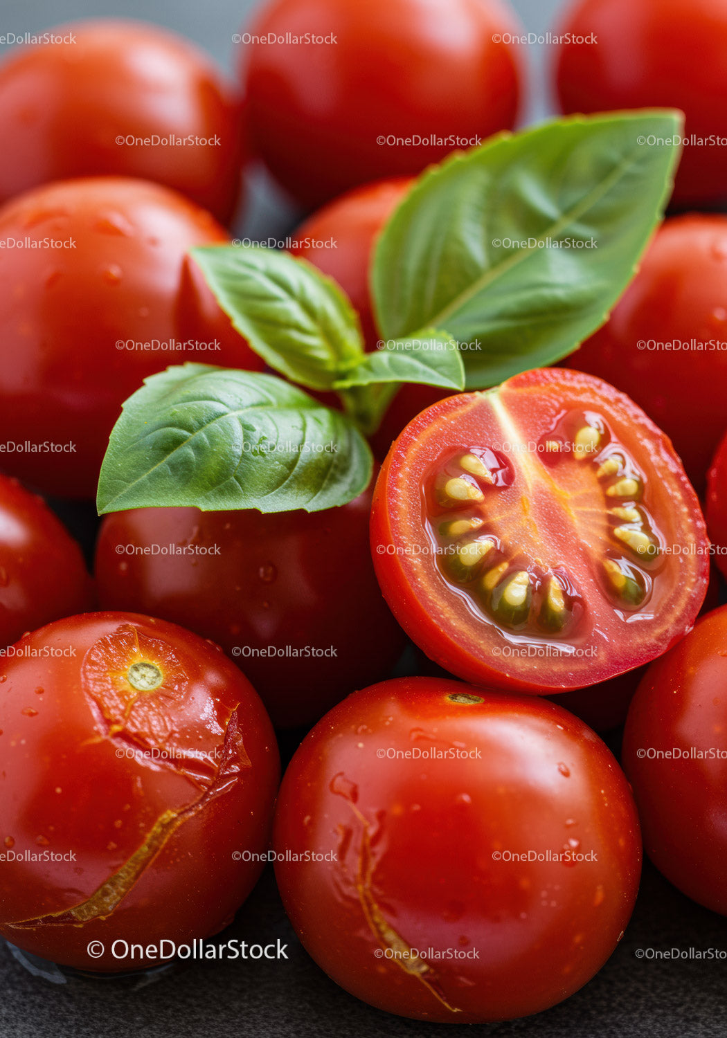 Fresh Cherry Tomatoes with Basil Leaves Closeup