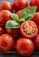Fresh Cherry Tomatoes with Basil Leaves Closeup