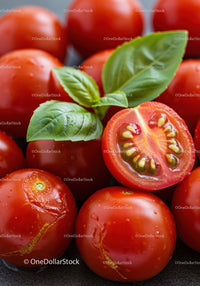 Fresh Cherry Tomatoes with Basil Leaves Closeup