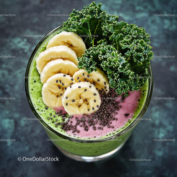 Healthy Green and Pink Smoothie with Banana Kale and Chia Seeds
