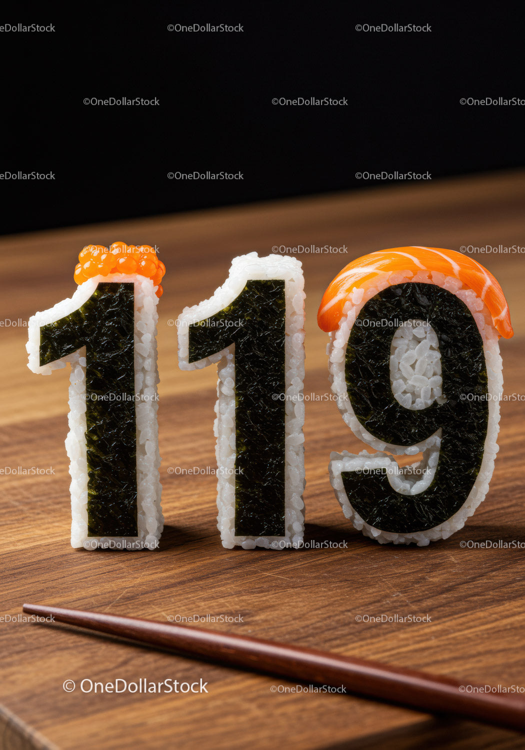 Creative sushi composition shaped as number 119 on wood
