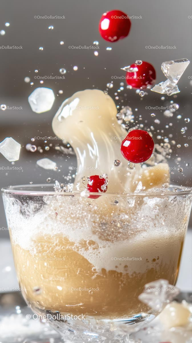 Falling Berries and Cream Splash in Refreshing Drink
