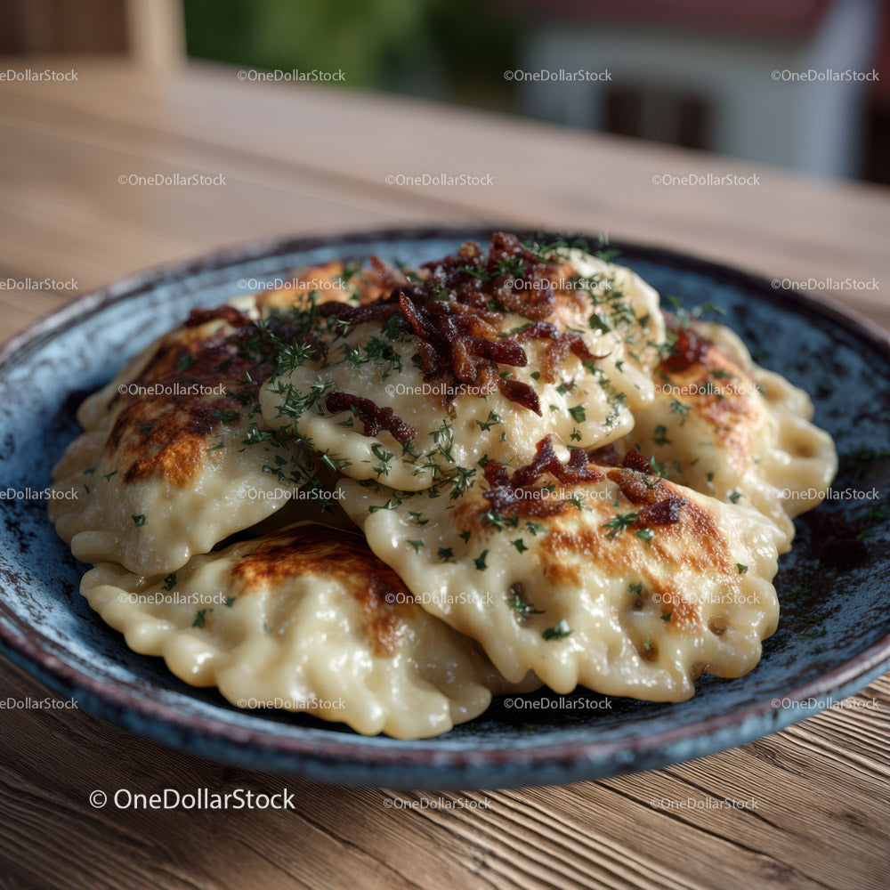 Dumplings with Bacon and Herbs Served in Rustic Bowl