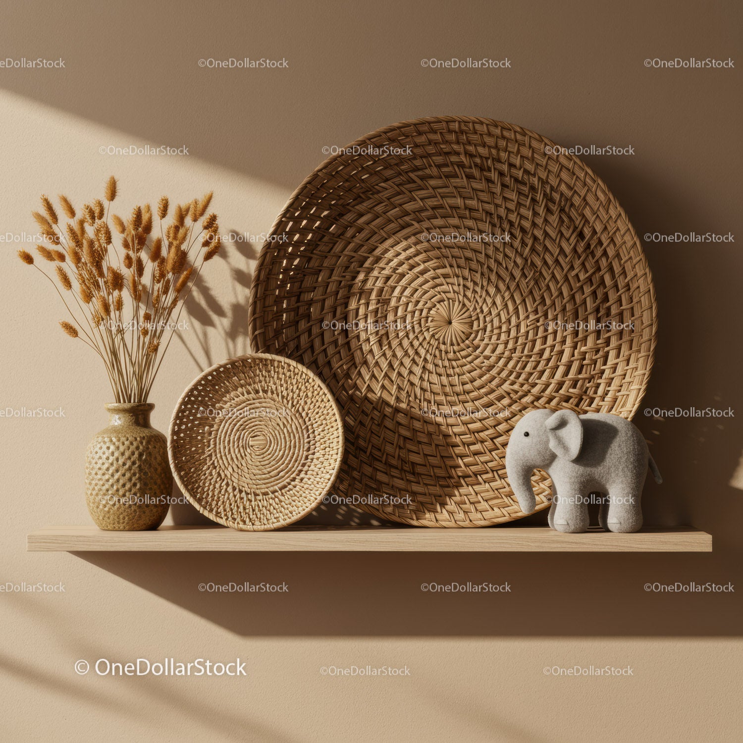 Minimalist shelf with wicker decor and soft toy elephant