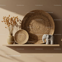 Minimalist shelf with wicker decor and soft toy elephant