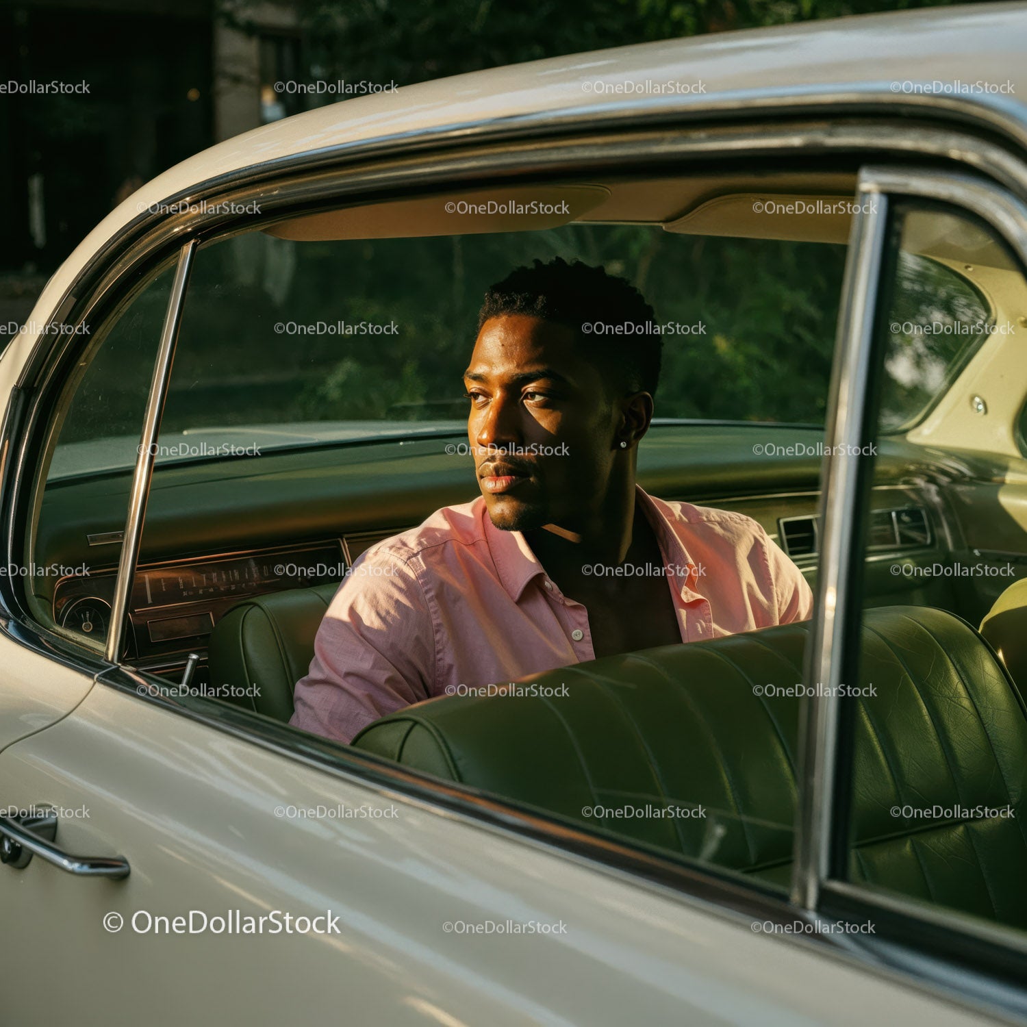 Young Man Sitting in Vintage Car Interior with Sunlight