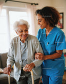 Elderly Woman Receiving Support from Caregiver in Warm Home Setting