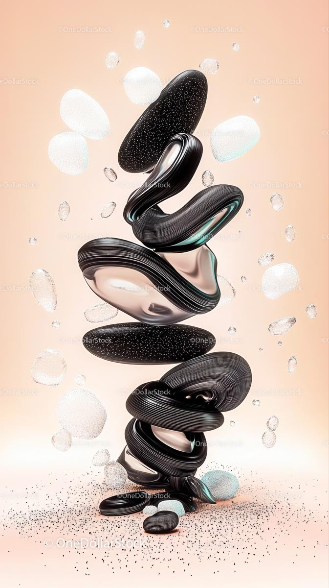 Elegant Abstract Art Composition with Black Polished Stones and Floating Spheres