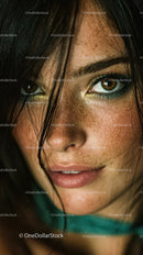 Close-Up Portrait of a Woman with Freckles and Brown Eyes