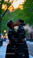 Loving couple sharing a tender kiss in snowy evening