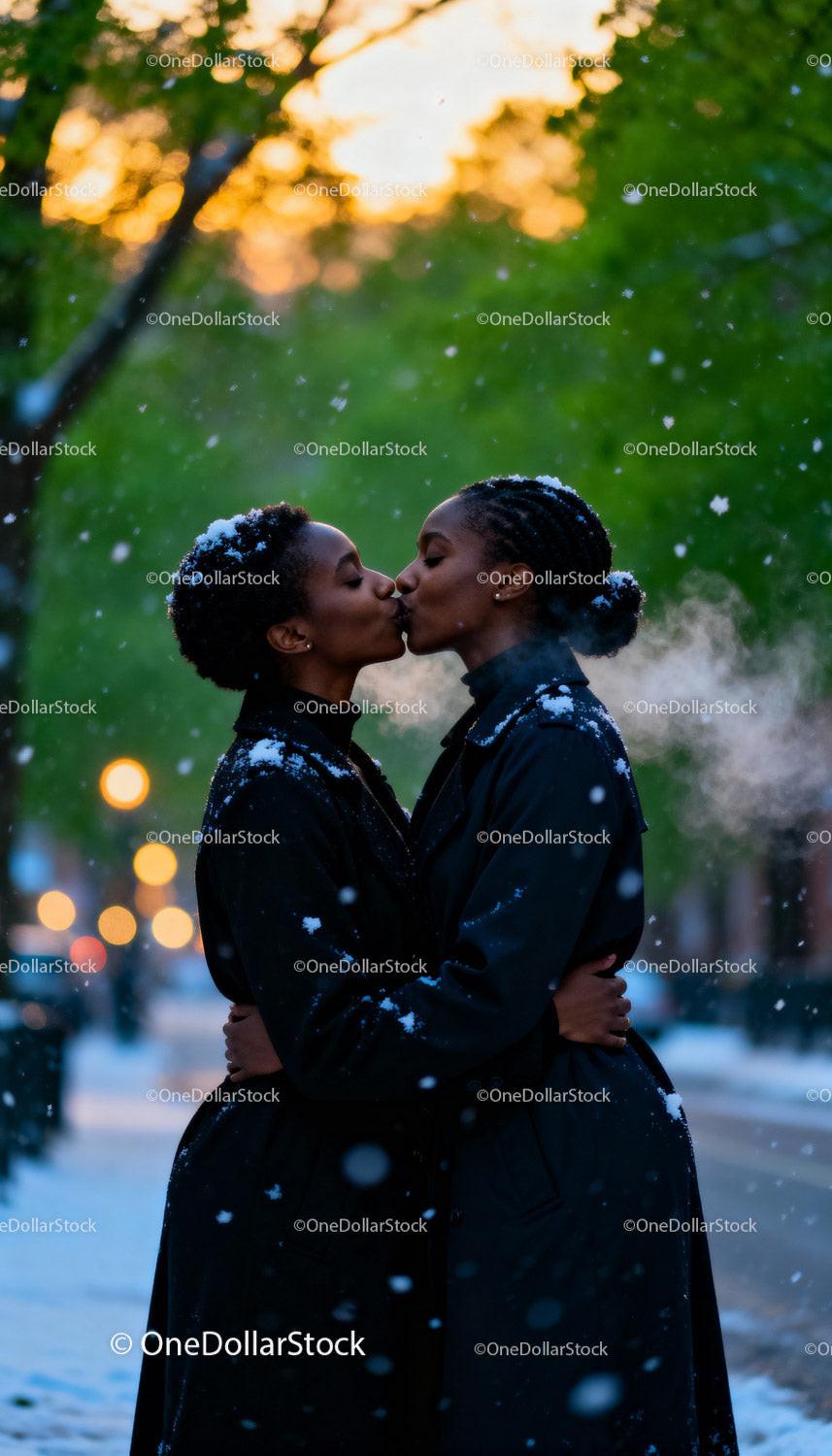 Loving couple sharing a tender kiss in snowy evening