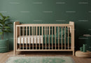Modern Wooden Baby Crib in Cozy Nursery with Green Wall and Plant