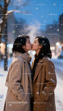 Couple sharing a tender kiss on snowy winter evening