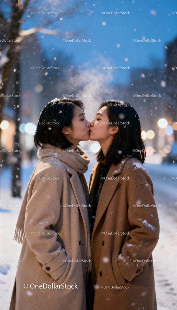 Couple sharing a tender kiss on snowy winter evening