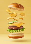 Deconstructed cheeseburger with potato chips and fresh veggies