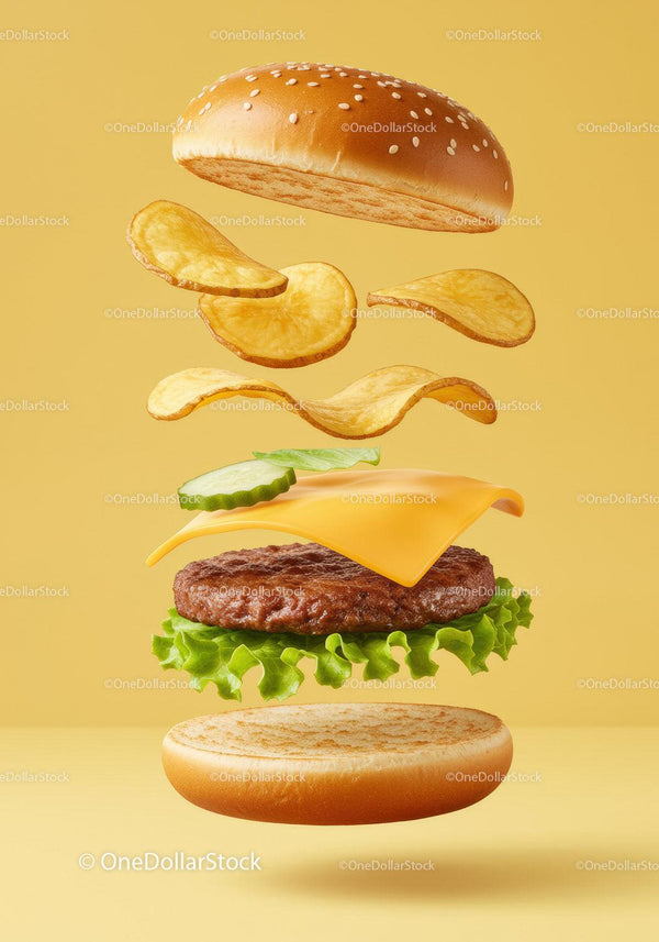 Deconstructed cheeseburger with potato chips and fresh veggies