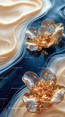 Elegant Metallic Flower Art with Blue and Gold Swirls