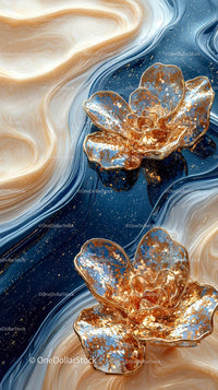 Elegant Metallic Flower Art with Blue and Gold Swirls