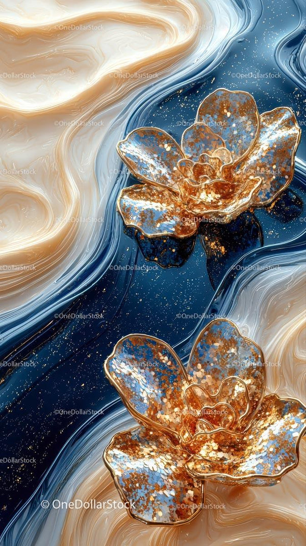 Elegant Metallic Flower Art with Blue and Gold Swirls