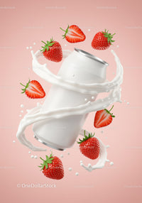Refreshing strawberry drink can with milk splash