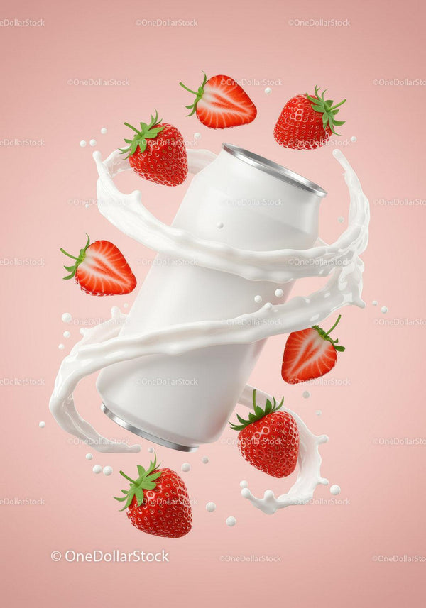 Refreshing strawberry drink can with milk splash JPG Mockup Image