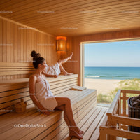 Relaxing Woman in Wooden Sauna with Ocean View and Beach Scene